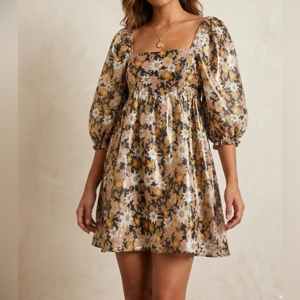 Storia Mustard Floral Square-Neck Puff-Sleeve Mini Dress size L